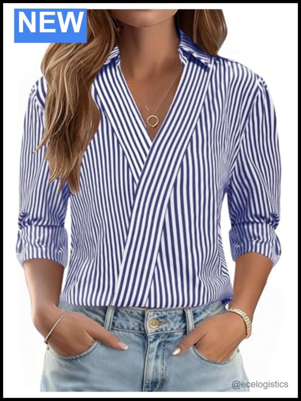 3/4 Length Sleeve V Neck Collared Dressy Blouse Business Casual Work Shirt